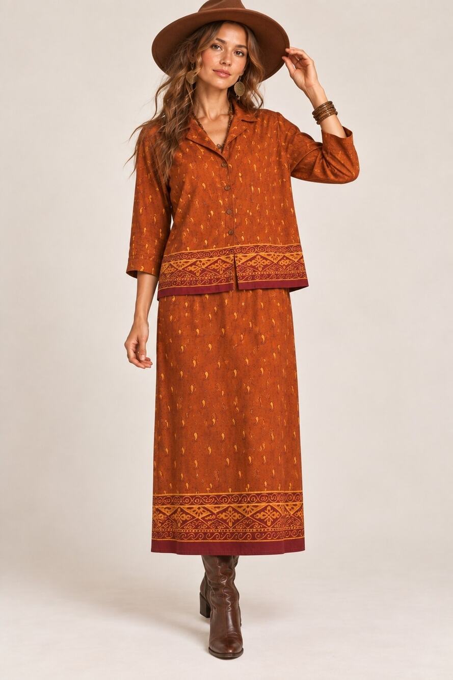 Karen Scott Vintage 90s Rayon Paisley 2 Piece Maxi Dress Jacket Set Boho S/M